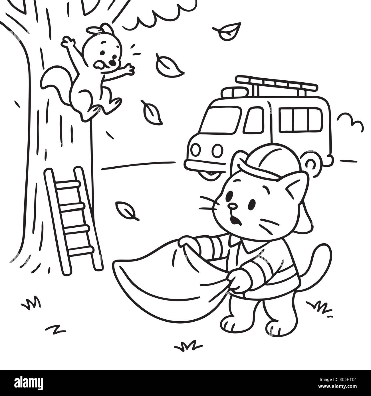 Le chat de pompier courageux sauve l'écureuil qui tombe. Illustration de Vecteur