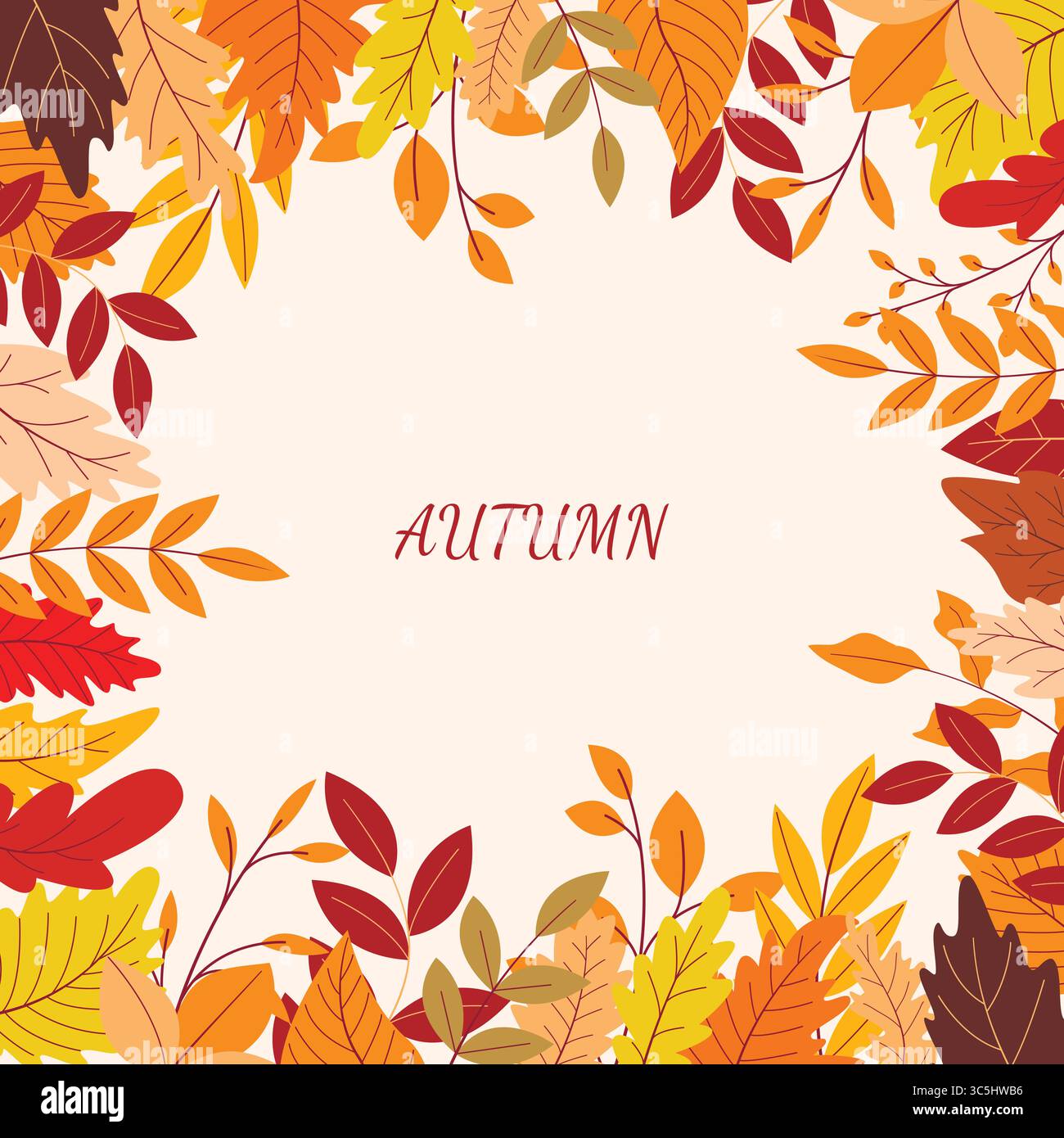 Frontière de l'automne différentes feuilles colorées et mot automne. Modèle carré pour la conception de la saison d'automne. Graphique vectoriel Illustration de Vecteur