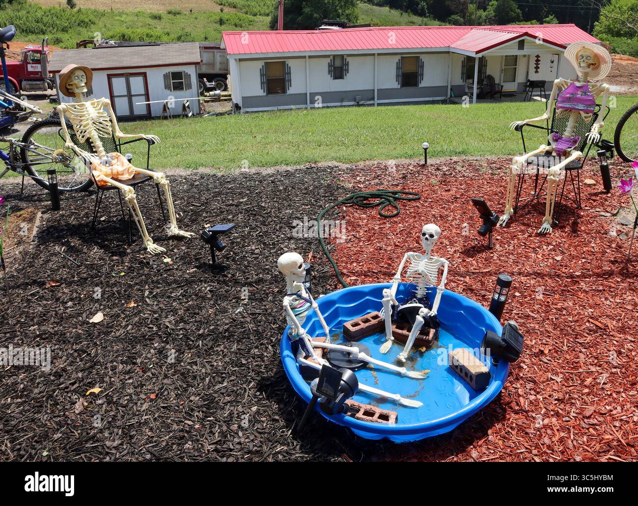 Le Bone Yard à Loudon, Tennessee, présente des squelettes de toutes tailles à vélo, à chiens qui marchent et à bavarder de manière ludique. Banque D'Images