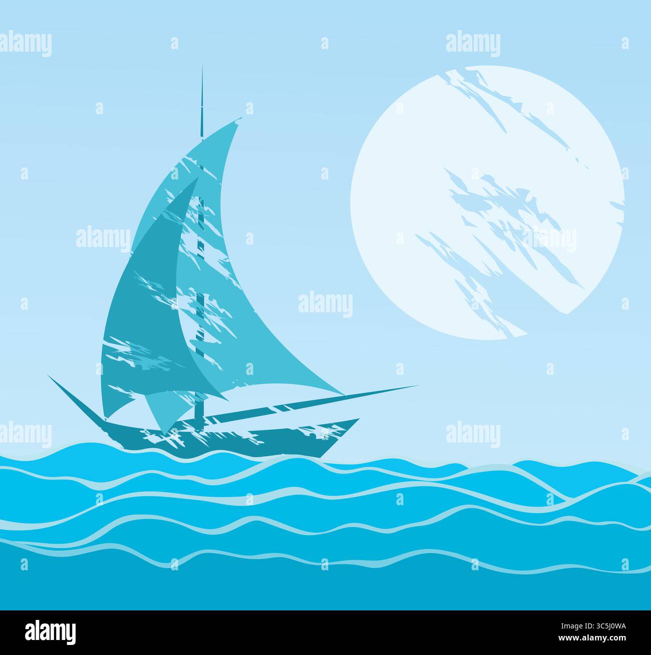 L'horizon marin avec de grosses vagues et le yacht. Illustration de Vecteur