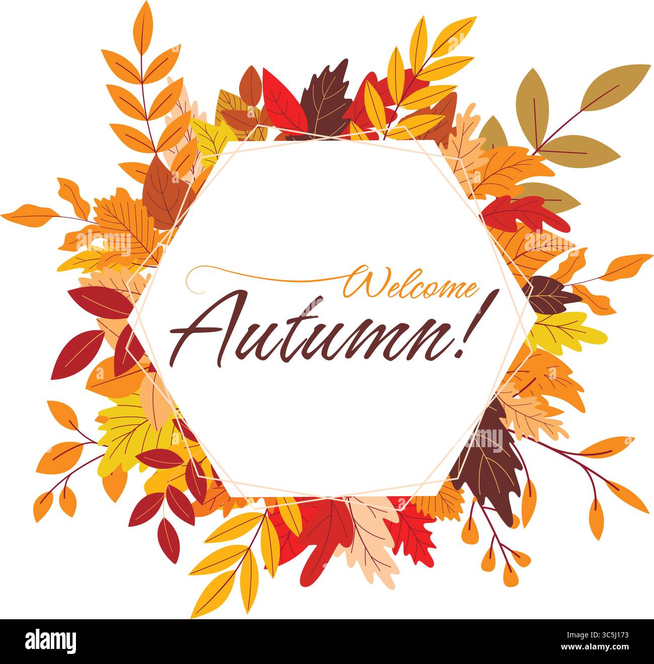 Cadre polygonal décoré de feuilles de couleur automne avec salutation. Carte de bienvenue automne. Modèle saisonnier pour l'humeur chaude d'automne et l'atmosphère, vecteur Illustration de Vecteur