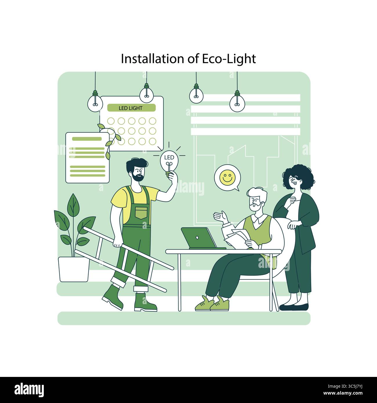 Illustration vectorielle d'un professionnel installant des lumières LED écologiques. La scène montre le travail d'équipe avec trois personnes, des expressions positives et un accent mis sur la durabilité. Illustration de Vecteur