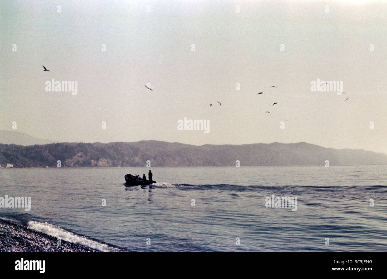 PITSUNDA, ABKHAZIE - octobre 1962 : un bateau avec des pêcheurs revient de la pêche au coucher du soleil Banque D'Images