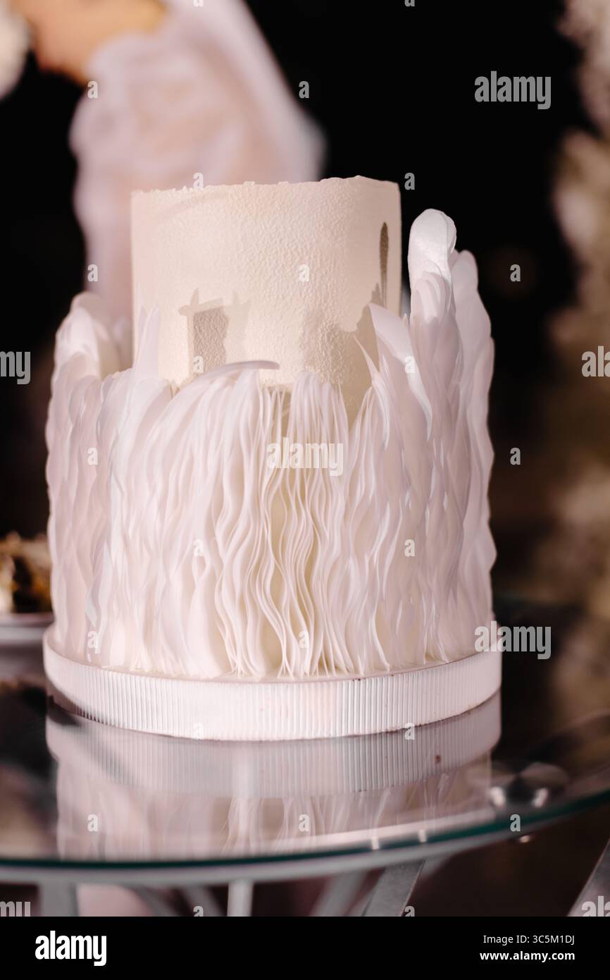 Délicieux gâteau de mariage blanc décoré avec des éléments argentés et blancs sur une table en verre, avec des applaudissements de mariée et de marié en arrière-plan Banque D'Images
