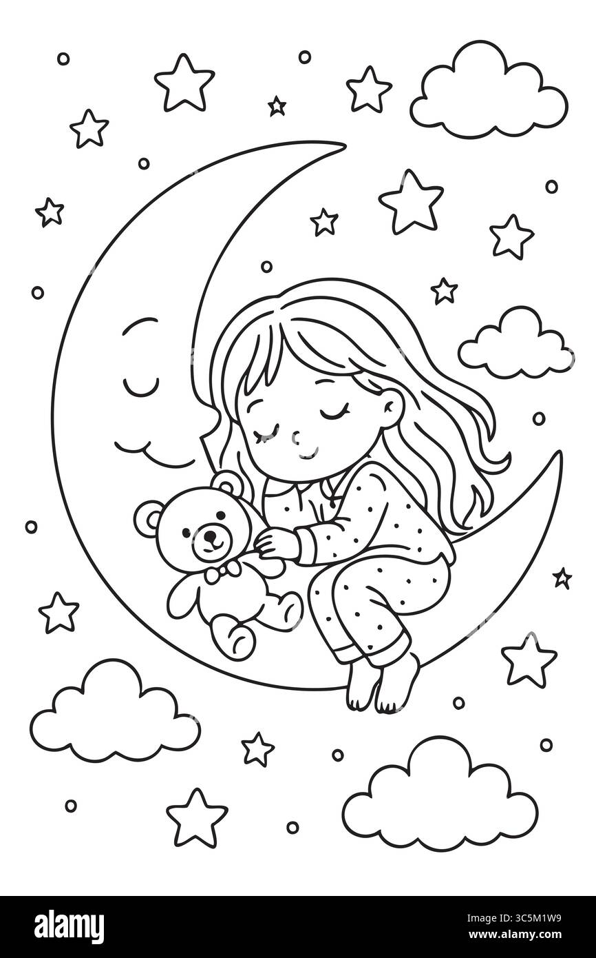 Contour noir de l'enfant dormant sur la lune avec un ours en jouet entouré d'étoiles et de nuages. coloriage pour enfants, ciel nocturne, rêves, illus au coucher Illustration de Vecteur