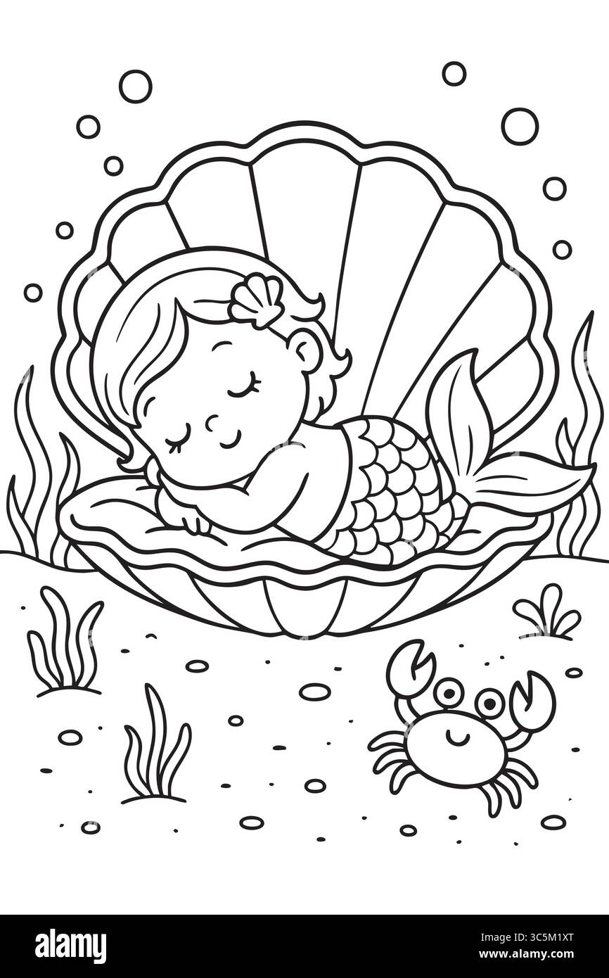 Contour noir d'une sirène mignonne sur une page à colorier coquillage pour les enfants. concept d'océan, activité pour enfants, scène sous-marine, créature marine, graphique Illustration de Vecteur