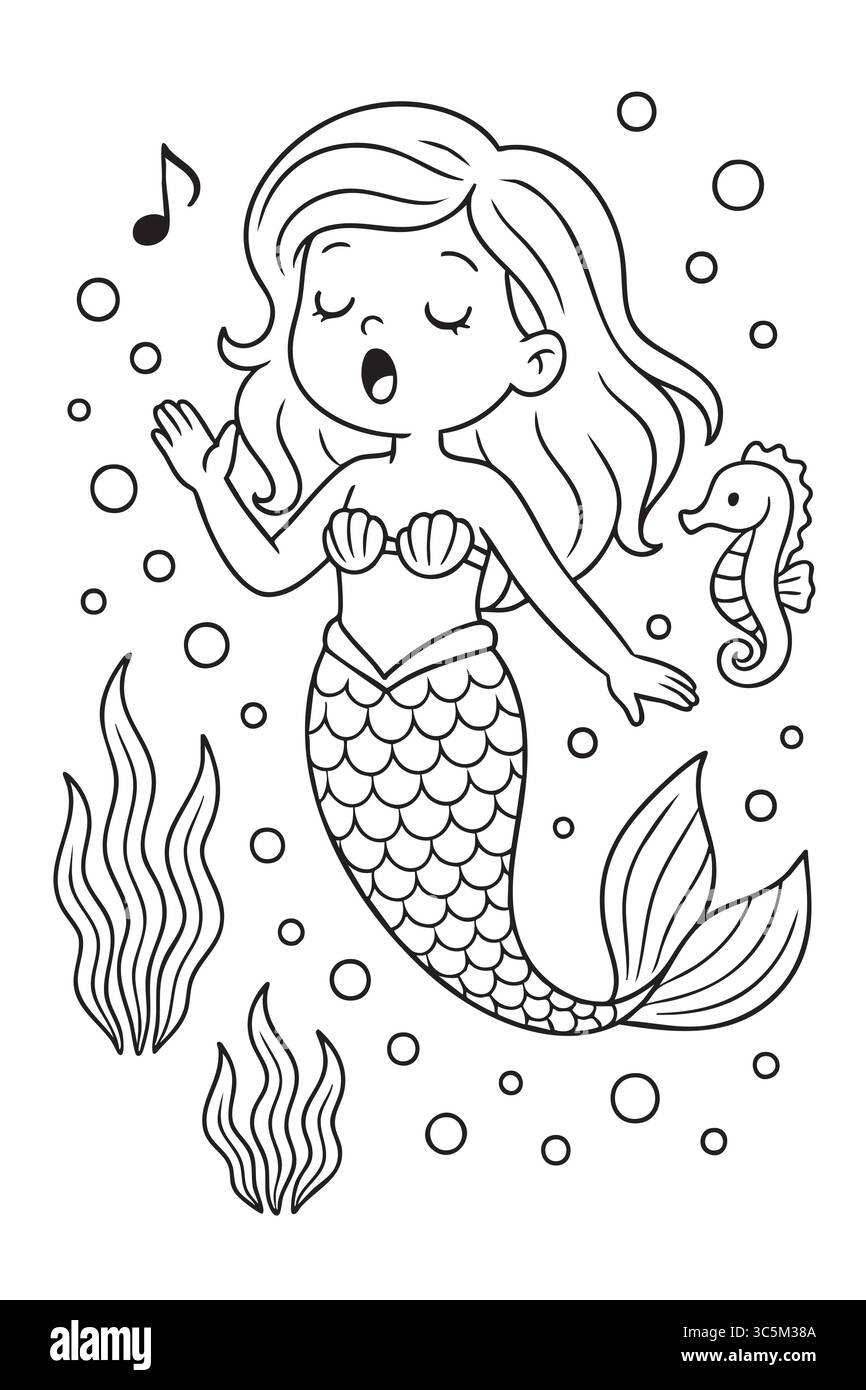 Page de coloration de contour noir de sirène chantante avec hippocampe et plantes marines, isolé sur fond blanc. concept d'illustration sous-marine, océan f Illustration de Vecteur