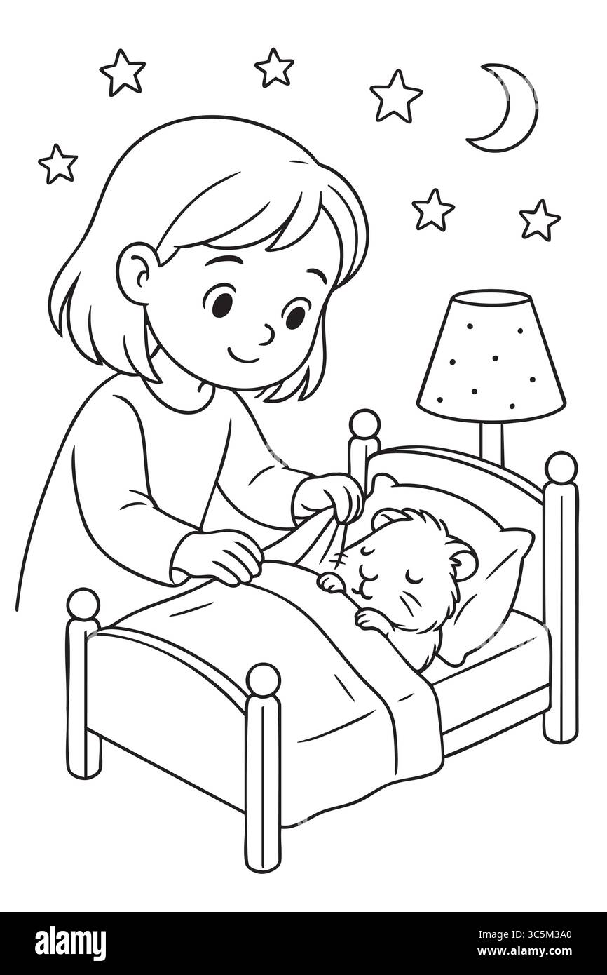 Fille mignonne nichant dans son hamster endormi dans la page de coloration de lit isolé sur fond blanc. Concept de coucher, amitié, soins d'enfance, acti pour enfants Illustration de Vecteur