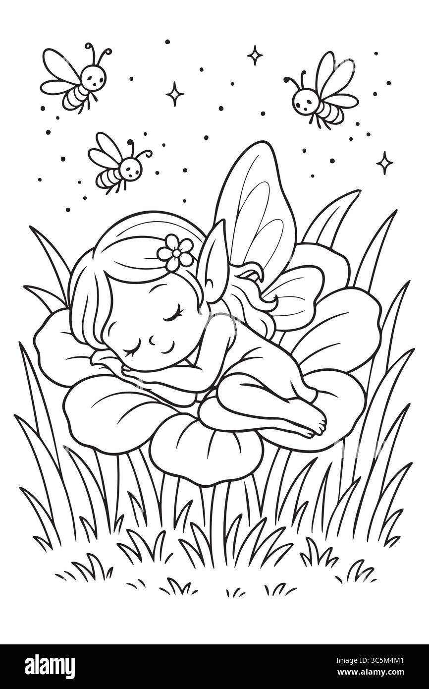 Fée à contour noir dormant sur la fleur, entourée d'abeilles et d'étoiles, coloriage pour les enfants. concept de créatures magiques, thèmes de la nature, fantaisiste Illustration de Vecteur
