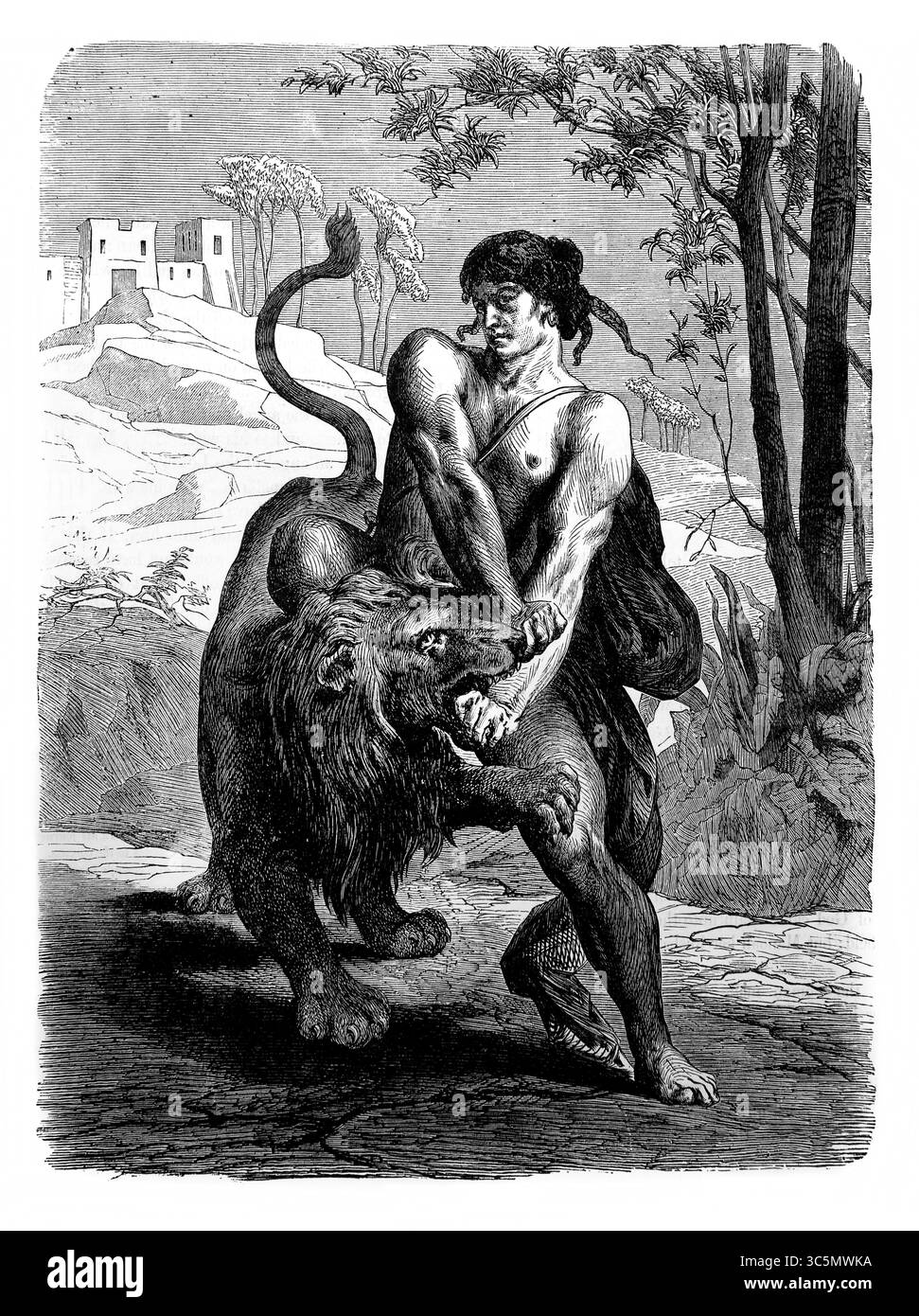 Illustration de Samson tuant le Lion (juges) de l'ancien XIXe siècle la Sainte Bible contenant l'ancien et le Nouveau Testament avec Notes explicatives Banque D'Images