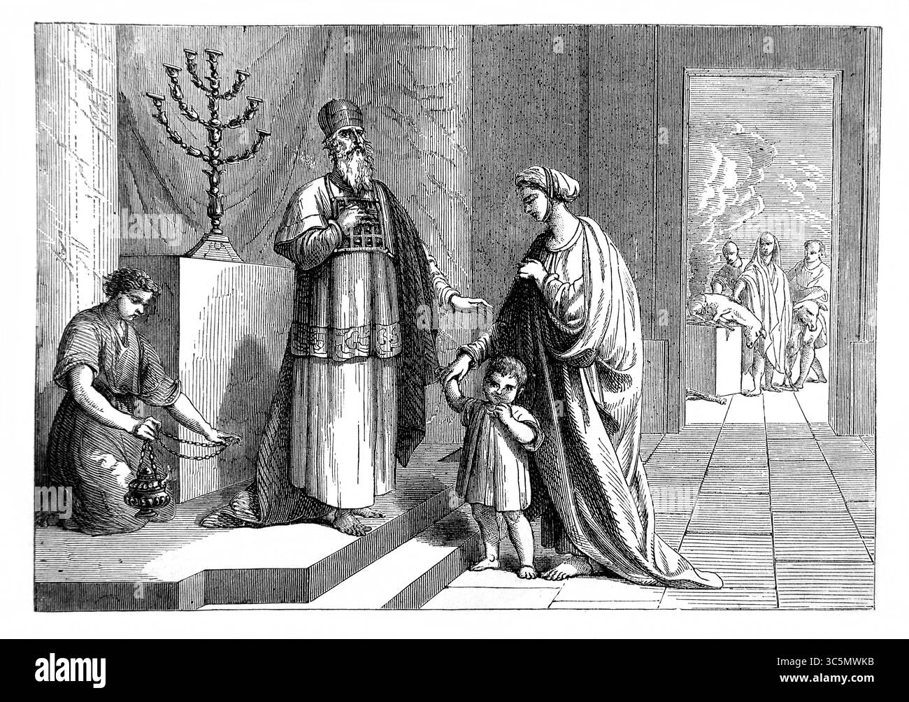 Illustration de la dédicace de Samuel - Hannah a dédié Samuel au Seigneur en lui donnant au prêtre Eli de l'Antiquité 19ème siècle la Sainte Bible c Banque D'Images