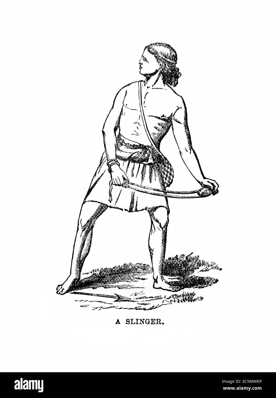 Illustration d'un Slinger utilisant une fronde de berger comme l'arme que David a utilisé contre Goliath de l'antique 19ème siècle la Sainte Bible contenant Banque D'Images