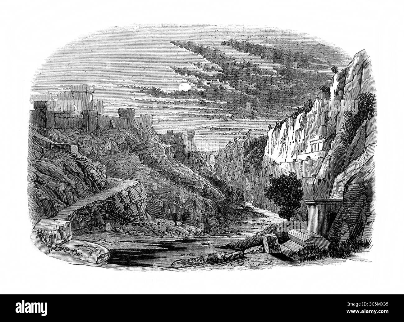 Illustration du ruisseau Kidron montrant le mont Olivet de l'ancien XIXe siècle la Sainte Bible contenant l'ancien et le Nouveau Testament avec explication Banque D'Images