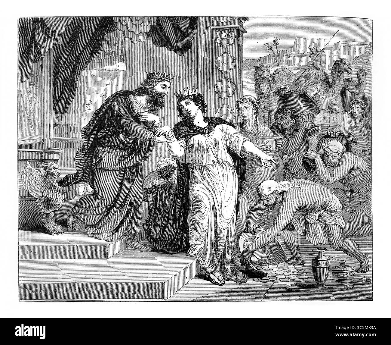 Illustration de la reine de Sheba à la cour du roi Salomon et elle est venue à Jérusalem apportant des épices, de l'or et des pierres précieuses (rois) de Antique 1 Banque D'Images