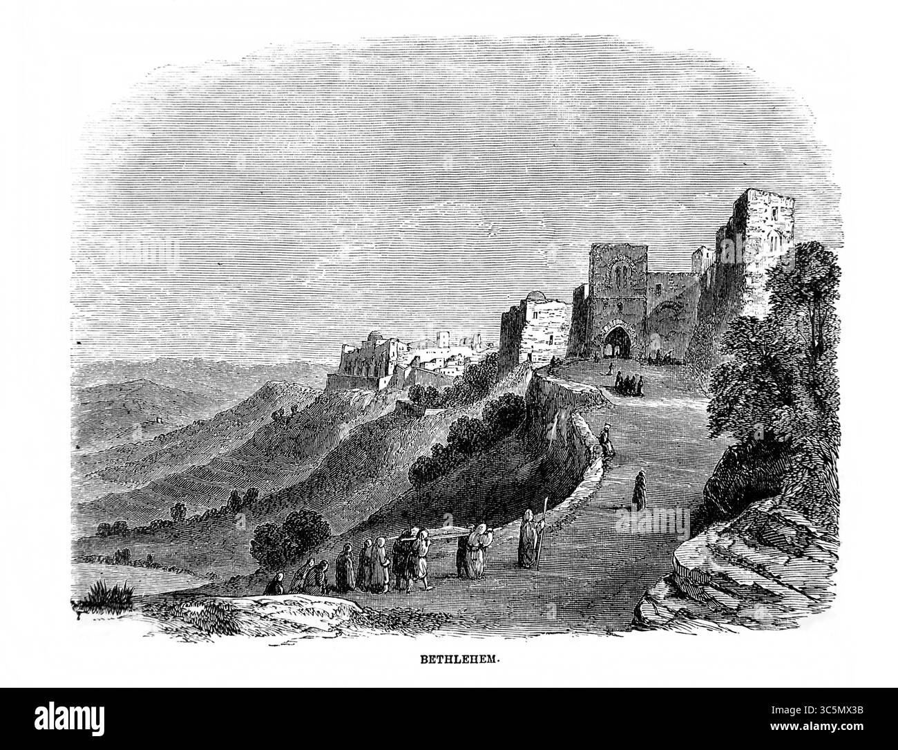 Illustration de gens allant jusqu'à l'entrée de Bethléem (Samuel) de l'ancien XIXe siècle la Sainte Bible contenant l'ancien et le Nouveau Testament w Banque D'Images