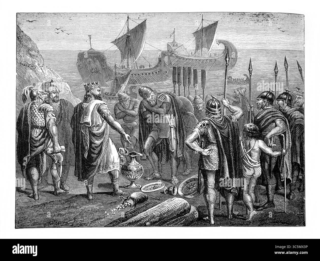 Illustration de Salomon recevant l'or d'Ophir des serviteurs de Hiram roi de Tyr ils ont aussi apporté du bois d'algue et des pierres précieuses (samuel) Banque D'Images