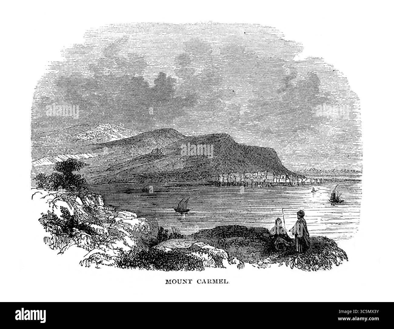 Illustration du Mont Carmel vu de Ptolémais de l'Antiquité du XIXe siècle la Sainte Bible contenant l'ancien et le Nouveau Testament avec le No explicatif Banque D'Images