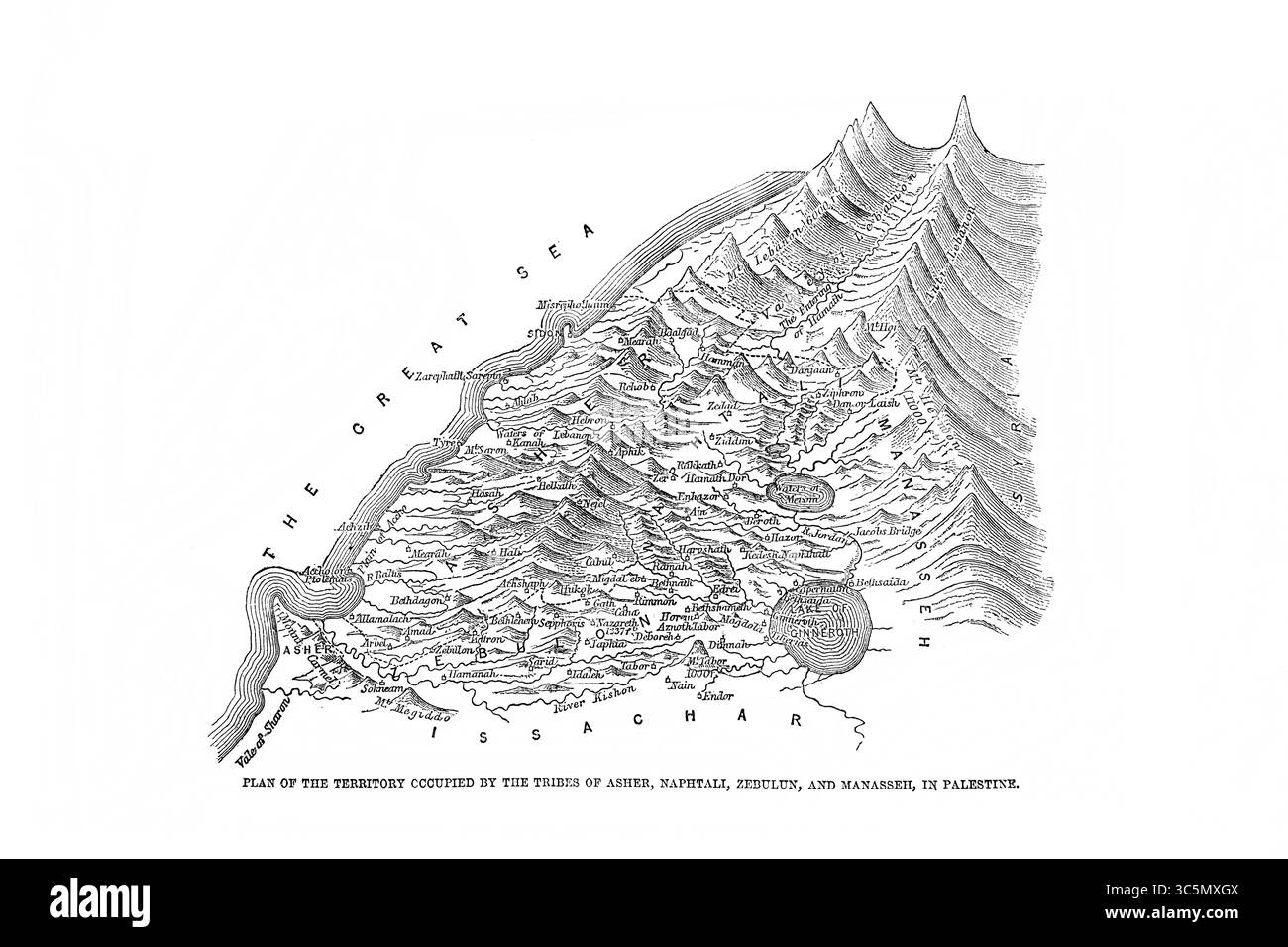 Illustration du plan du territoire occupé par les tribus d'Asher, Naphtali, Zabulun et Manassé en Palestine depuis l'Antiquité du XIXe siècle le Saint Banque D'Images