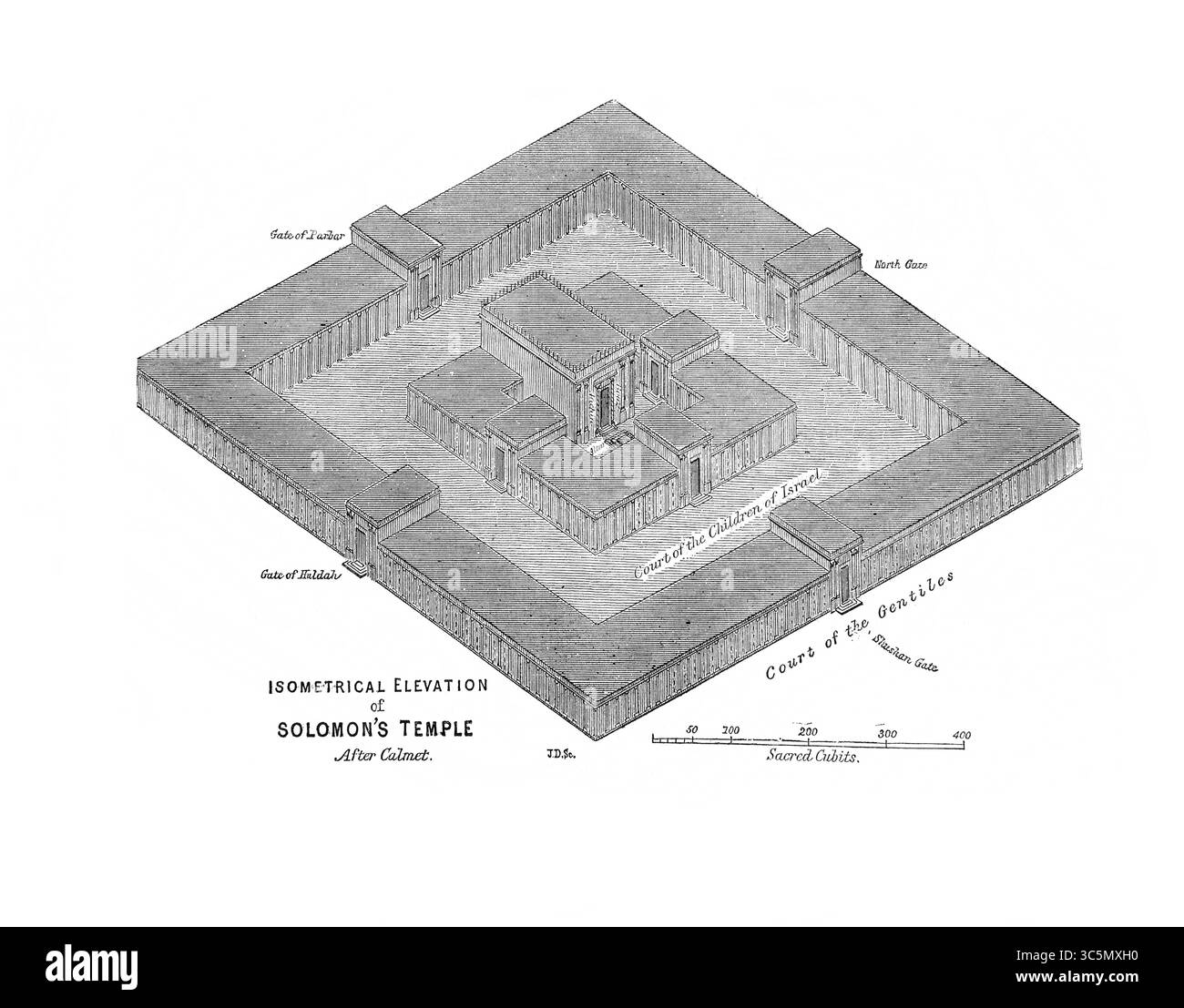 Illustration de l'élévation isométrique du Temple de Salomon après Calmet de l'ancien XIXe siècle la Sainte Bible contenant l'ancien et le Nouveau Testame Banque D'Images