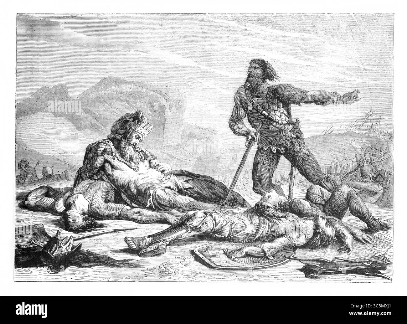 Illustration de la mort de Saul - dans la bataille contre les Philistins, le roi Saul a été blessé et comme ne pas être capturé par les Philistins il a demandé à la sienne Banque D'Images