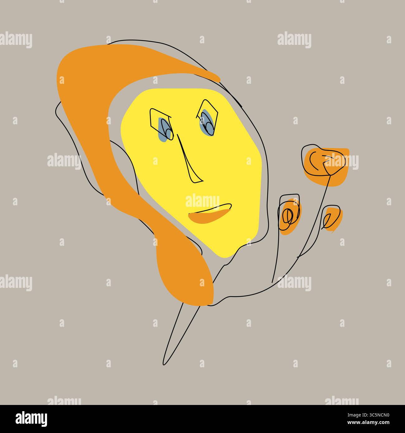 Une illustration abstraite claire avec une forme de visage irrégulière jaune avec des yeux d'amande bleu et une bouche orange simple sur un fond beige doux. Décalage Illustration de Vecteur