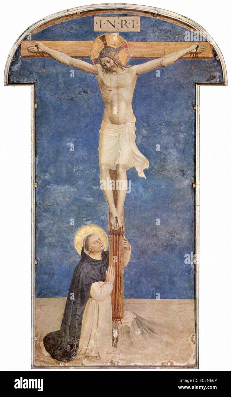 Saint Dominic adorant les fresques de titre de la série Crucifixion par Fra Angelico à San Marco, Florence - Fra Angelico (vers 1395–1455) Banque D'Images