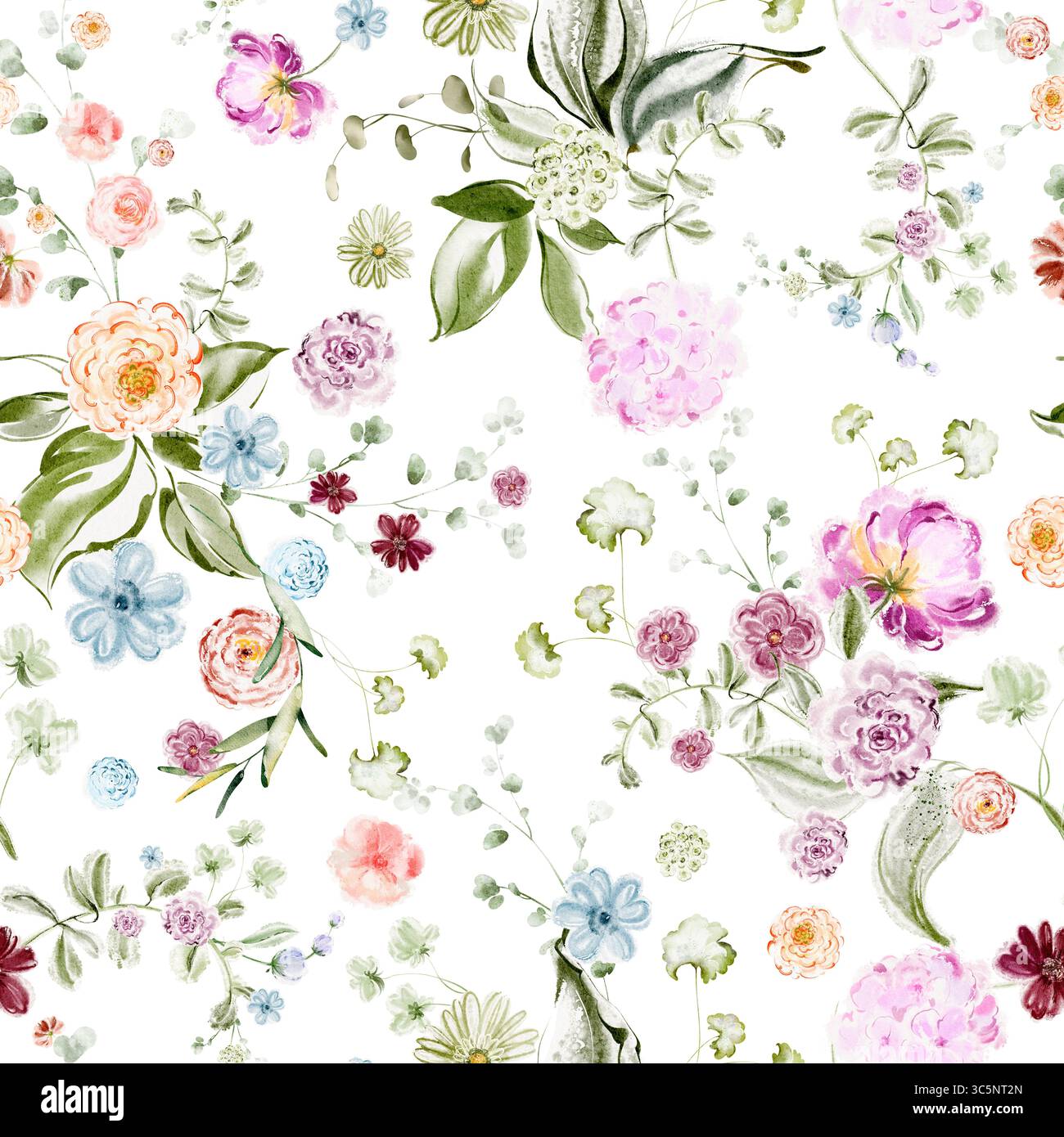Motif floral sans couture dessiné à la main avec de petites fleurs et herbes. Texture botanique pour impression textile, papier d'emballage, papier peint et tissu. Aquarelle Banque D'Images