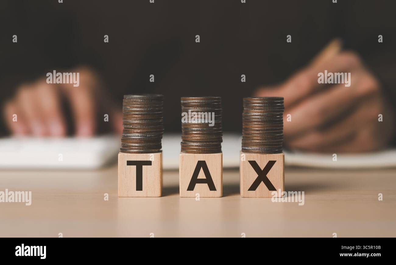 Concept de paiement d'impôt. Pièces empilées sur un bloc de cube en bois. Formulaire de déclaration de revenus des particuliers en ligne. Calcul de la déclaration fiscale. E-tax, gouvernement, STA Banque D'Images