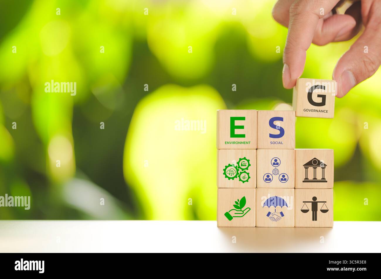 Concept d'entreprise d'investissement ESG en matière de gouvernance sociale environnementale. Placer à la main des icônes d'entreprise ESG. durabilité et responsabilité sociale des entreprises. Banque D'Images