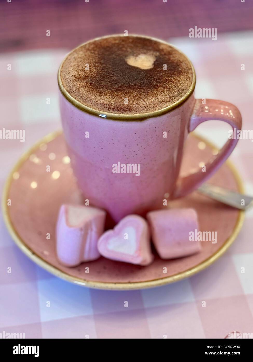 Une tasse à café rose avec un cappuccino avec un motif de poudre de cacao en forme de coeur sur le dessus, servi avec des guimauves roses en forme de coeur sur une sauce assortie Banque D'Images