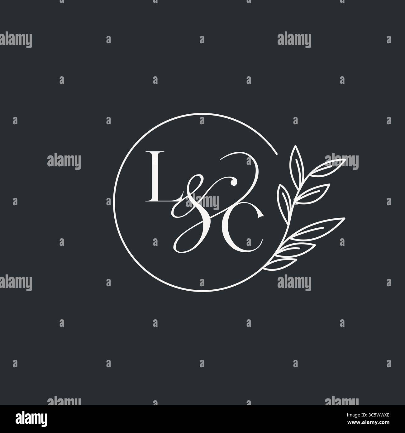 Conception LC initiale monogramme de mariage dans un style élégant et minimal avec des lignes circulaires et un graphique vectoriel de branches feuillues Illustration de Vecteur