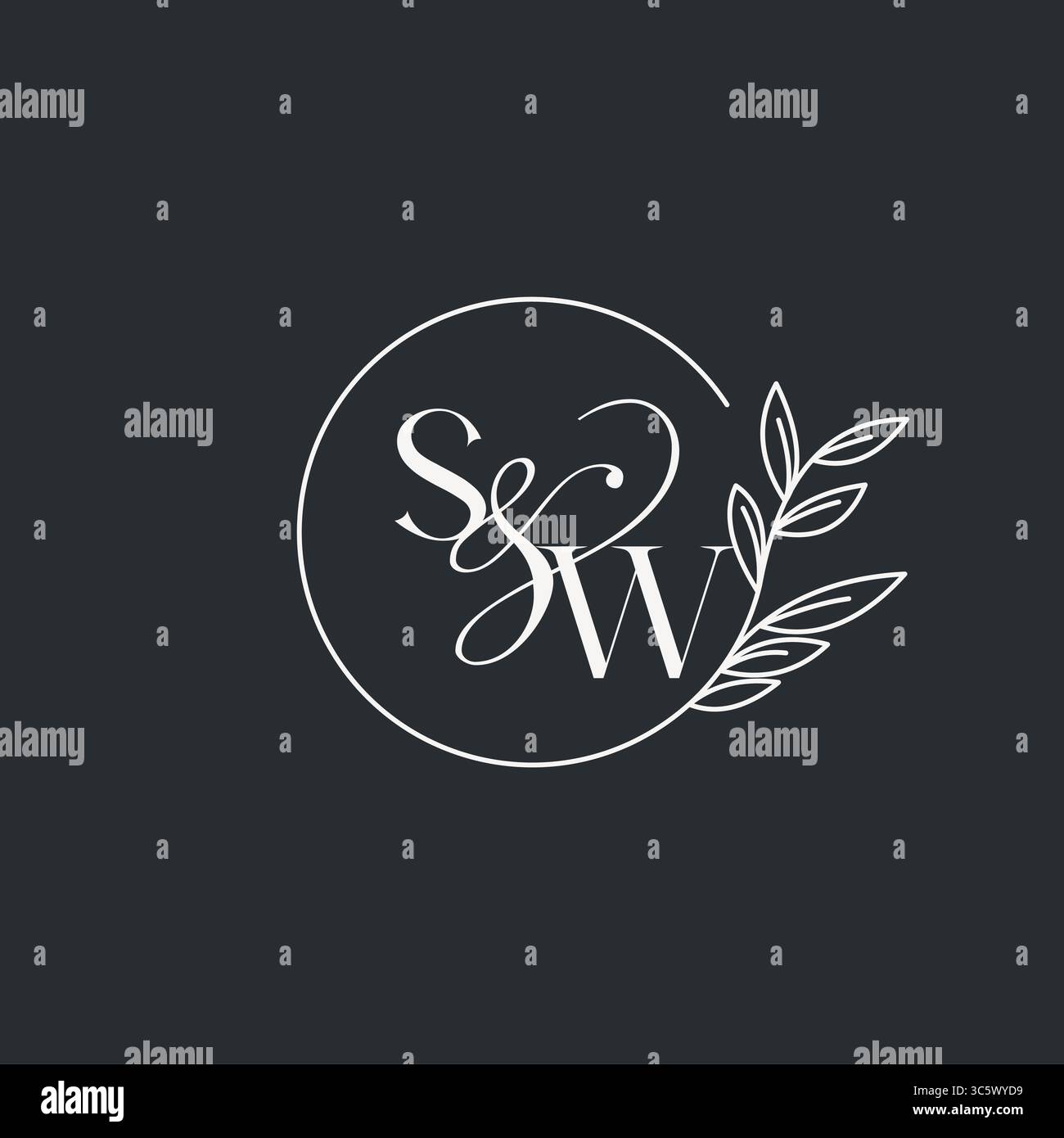 Monogramme de mariage conception SW initiale dans un style élégant et minimal avec des lignes circulaires et des branches feuillues graphique vectoriel Illustration de Vecteur