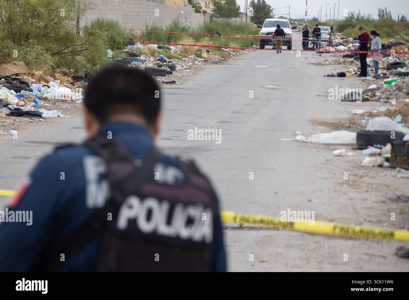 La police surveille une zone de criminalité à Ciudad Juarez. Banque D'Images