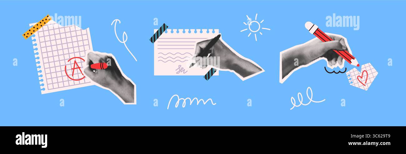 Illustration de mains dessinant sur papier avec des griffonnages créatifs. Le fond bleu vif ajoute une touche ludique. Parfait pour les thèmes de l'art et du design. Illustration de Vecteur