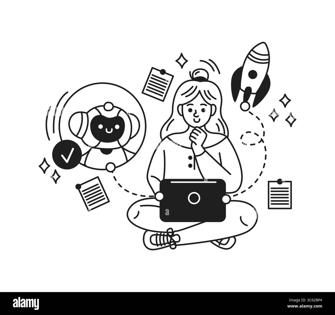 Illustration d'une femme réfléchie utilisant un ordinateur portable. Entouré de symboles et de documents IA, suggérant innovation et technologie dans un style futuriste. Illustration de Vecteur