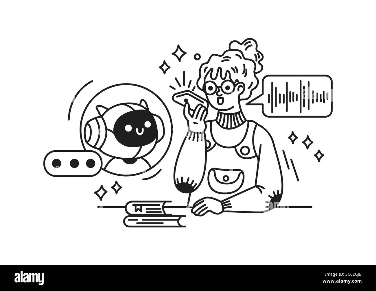 Illustration d'une personne interagissant avec une intelligence artificielle joyeuse. Dessin au trait monochrome représentant une conversation via un téléphone portable. Pédagogique Illustration de Vecteur