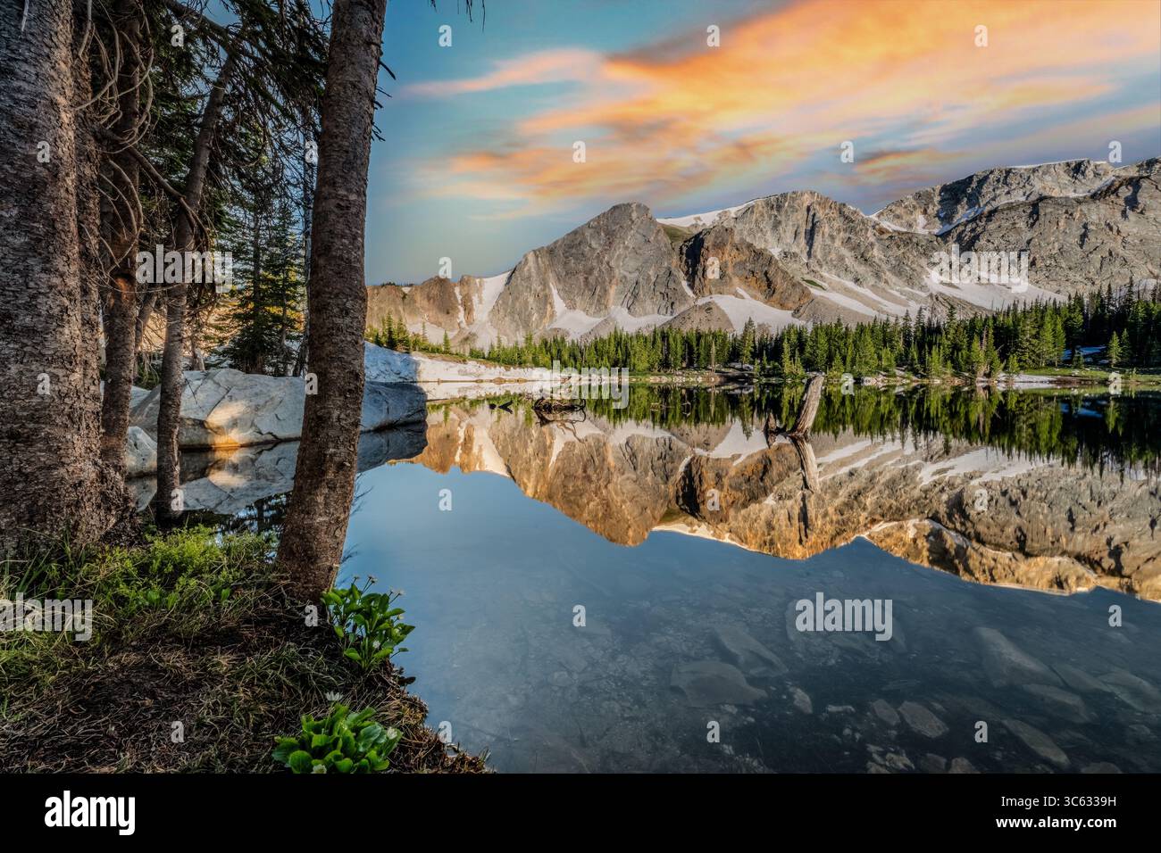 Encadrée par la forêt, cette photo tranquille du lac Mirror dans le Wyoming capture le reflet limpide de la chaîne des neiges sous des nuages pastel. Le morni Banque D'Images