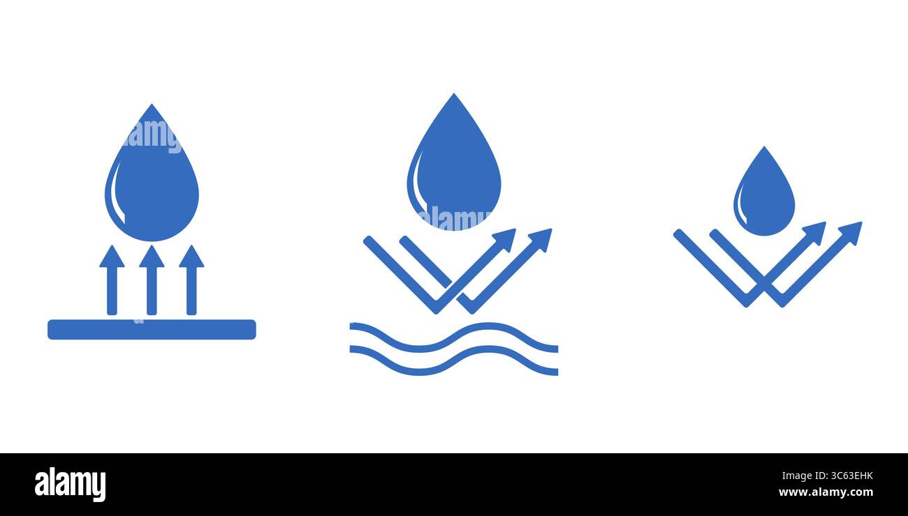 Icônes plates de protection contre l'eau. Signes vectoriels résistants aux chutes, à l'eau et à la corrosion. Symboles de protection contre les intempéries pour les étiquettes de produits, les étiquettes textiles ou Illustration de Vecteur