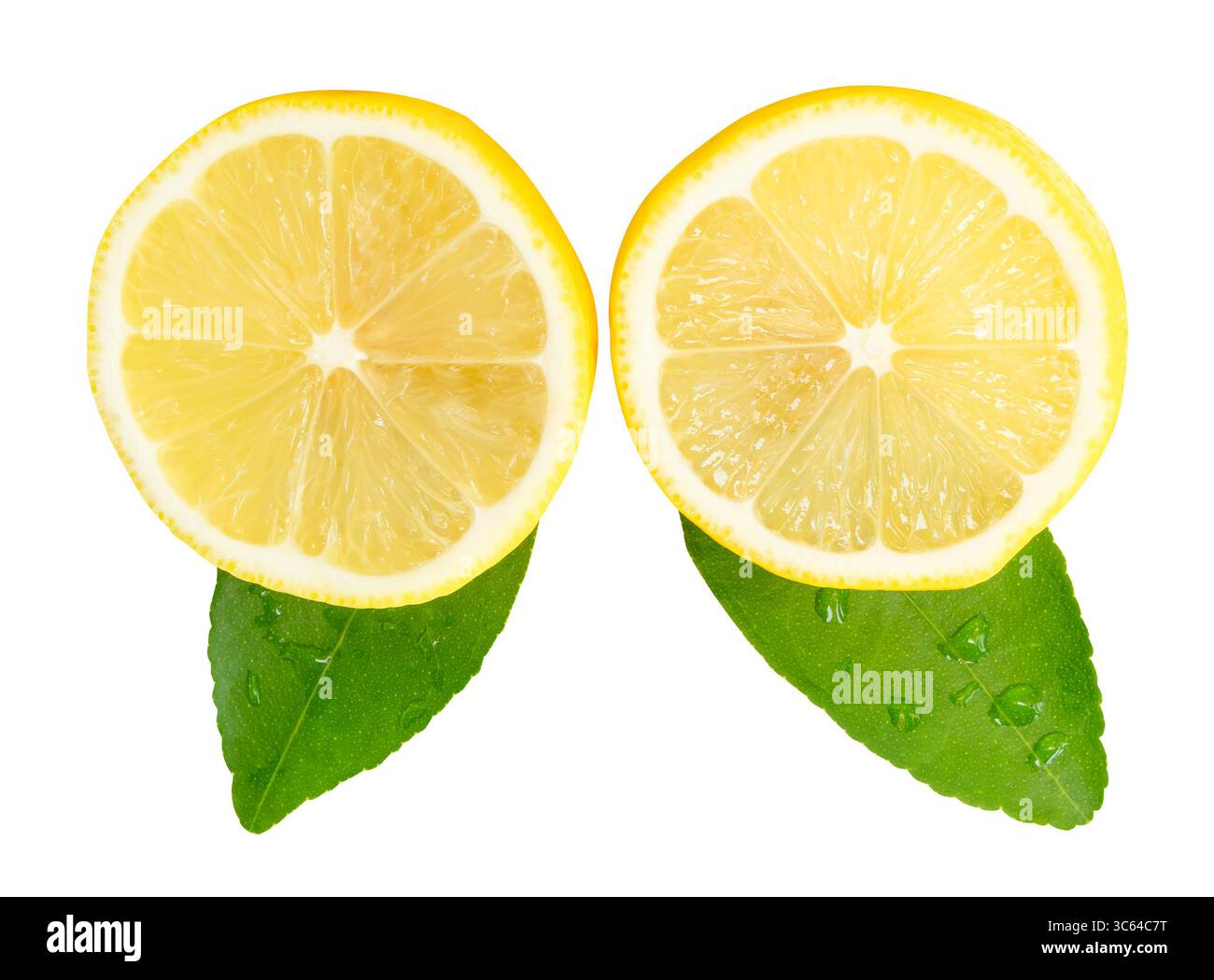 Vue de face ensemble de fruits de citron jaune mûr ou de tranches dans deux cercles avec des feuilles vertes est isolé sur fond blanc avec chemin de découpage. Banque D'Images