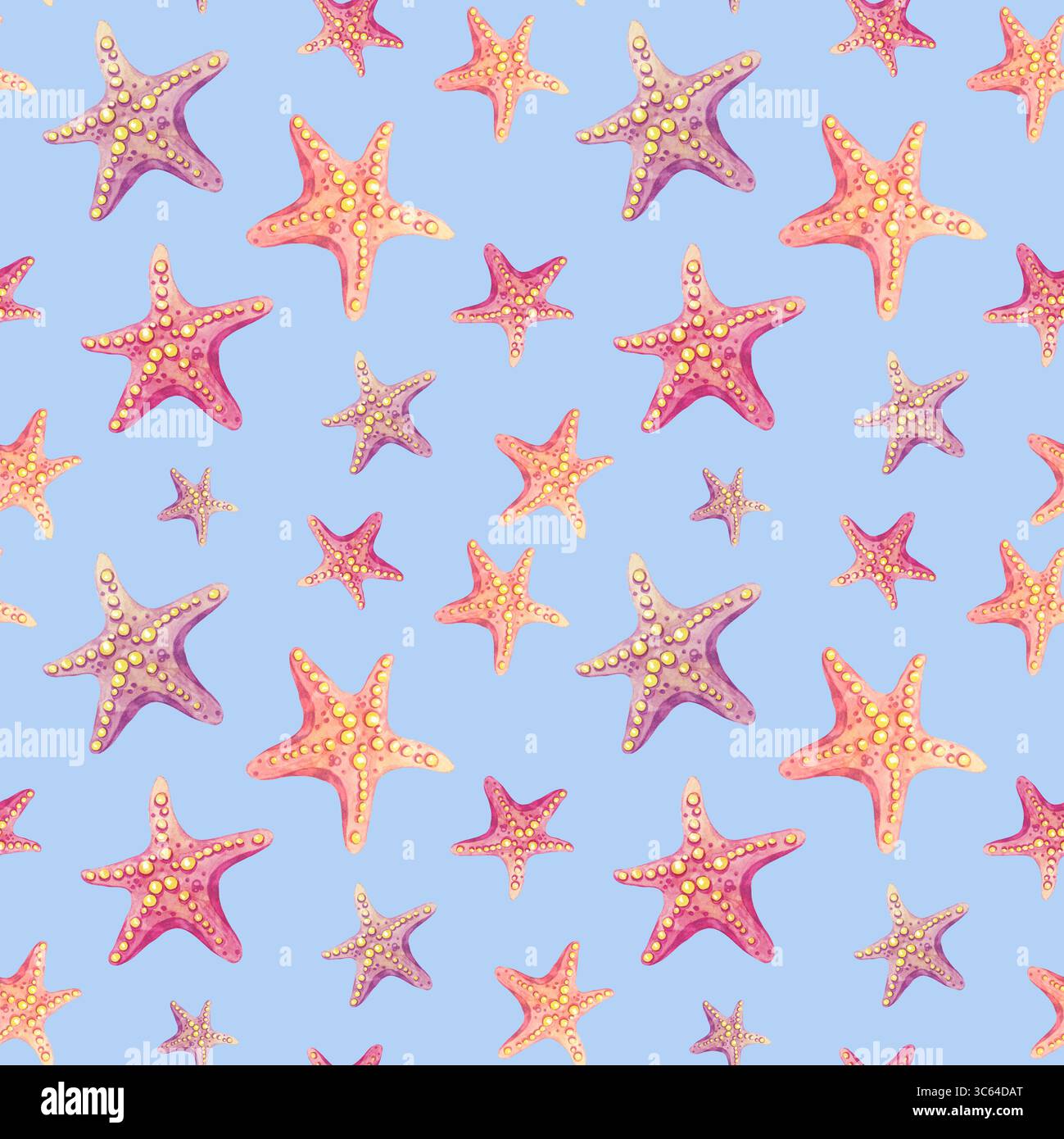 Tangerine et corail aquarelle étoile de mer sur bleu bébé doux répétition dans un format de motif sans couture. Parfait pour les invitations de fêtes d'été, les serviettes de plage ou les imprimés de vêtements pour enfants Banque D'Images