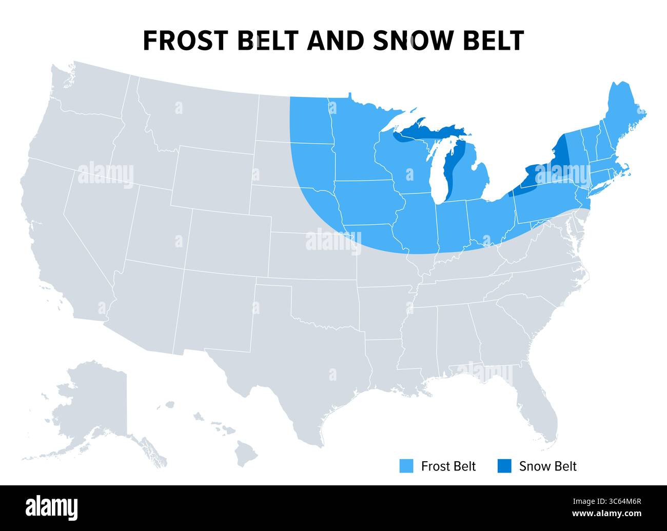 Frost Belt et Snow Belt des États-Unis, carte politique. Régions de climat hivernal froid avec de fortes gelées et chutes de neige. Banque D'Images