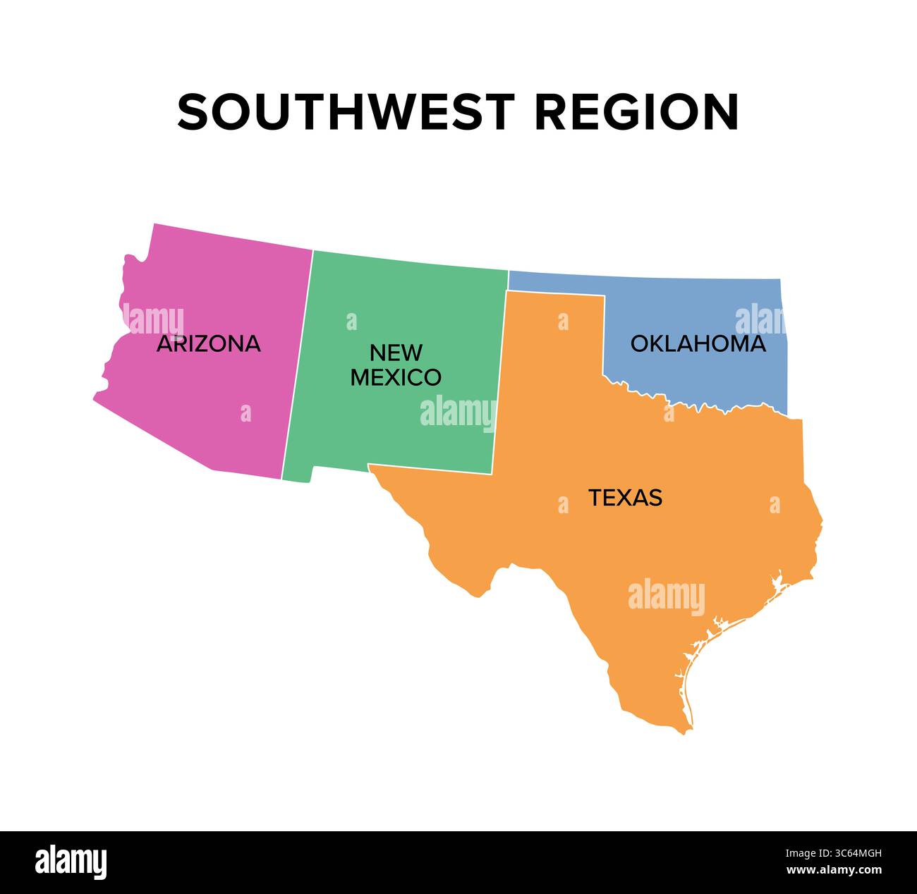 Région sud-ouest des États-Unis, carte colorée. Aussi sud-ouest des États-Unis, sud-ouest américain, ou simplement sud-ouest, une région géographique. Banque D'Images