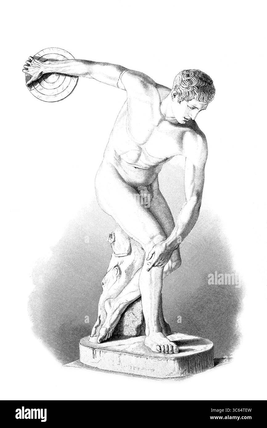 Le Diskobolos, un lanceur de disques par le lanceur de bronze grec Myron, également connu sous le nom de Diskobol de Myron, est l'une des statues grecques les plus célèbres de tous les temps. Il représente vraisemblablement un vainqueur de la discipline décathlon du lancer de disque. Reproduction restaurée numériquement d'un modèle ancien. Historique, date exacte inconnue. Banque D'Images