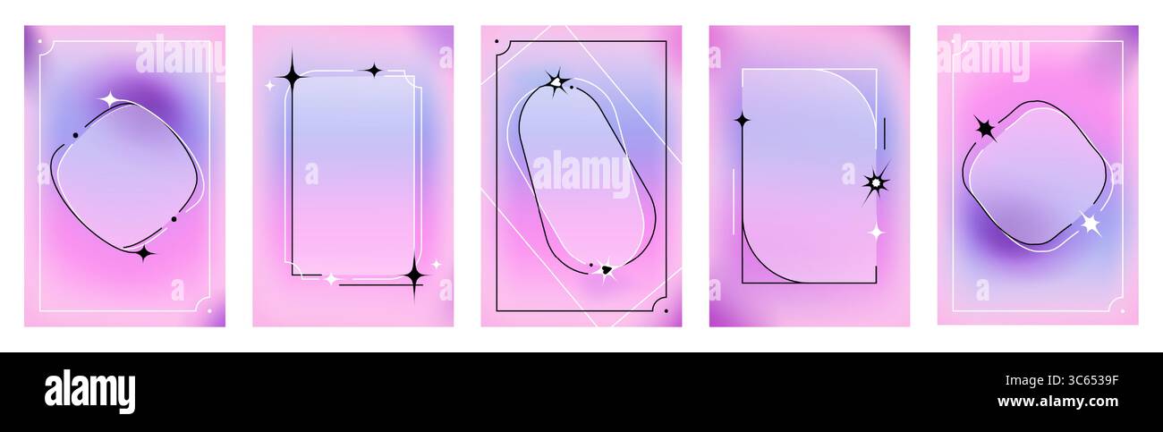 Ensemble de cadre de bordure de style Y2K avec dégradé bg et décorations d'étoiles. Formes géométriques abstraites avec une esthétique rétro futuriste pour le design numérique. Modèles tendance avec des lignes courbes et des éléments scintillants Illustration de Vecteur