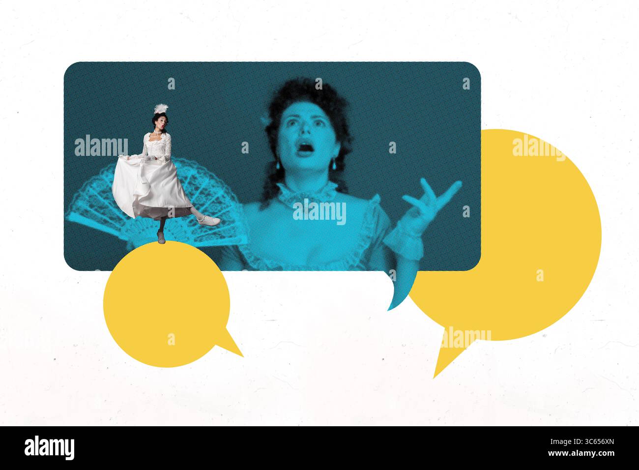 Croquis composite photo collage tendance de jeune dame danse corset vintage mode historique opulence robe chat message tag autocollant comique Banque D'Images