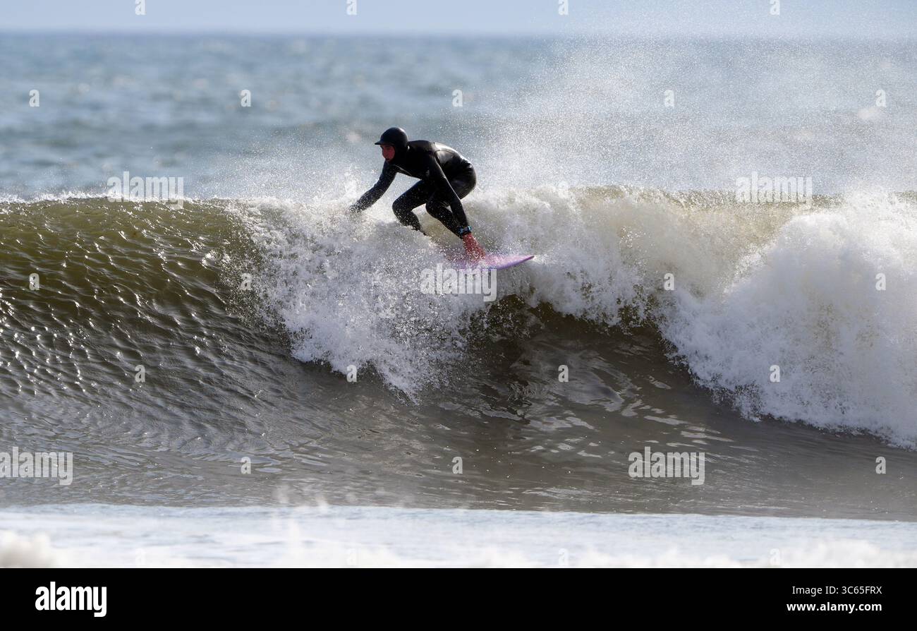 Surfeurs à la plage de Tynemouth Longsands sur la côte nord-est. Date de la photo : jeudi 31 juillet 2025. Banque D'Images