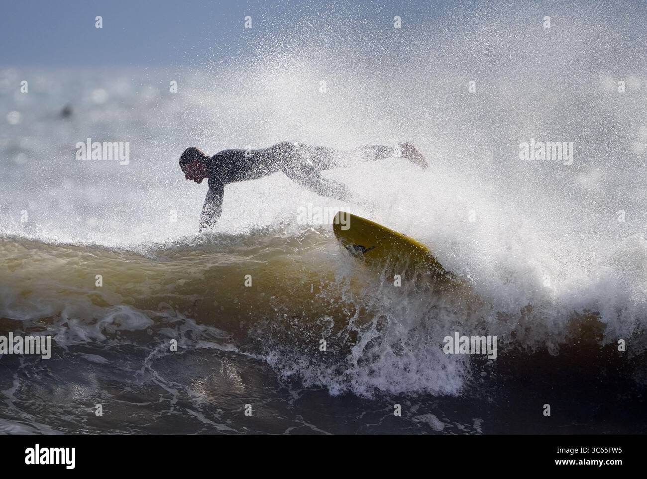 Surfeurs à la plage de Tynemouth Longsands sur la côte nord-est. Date de la photo : jeudi 31 juillet 2025. Banque D'Images