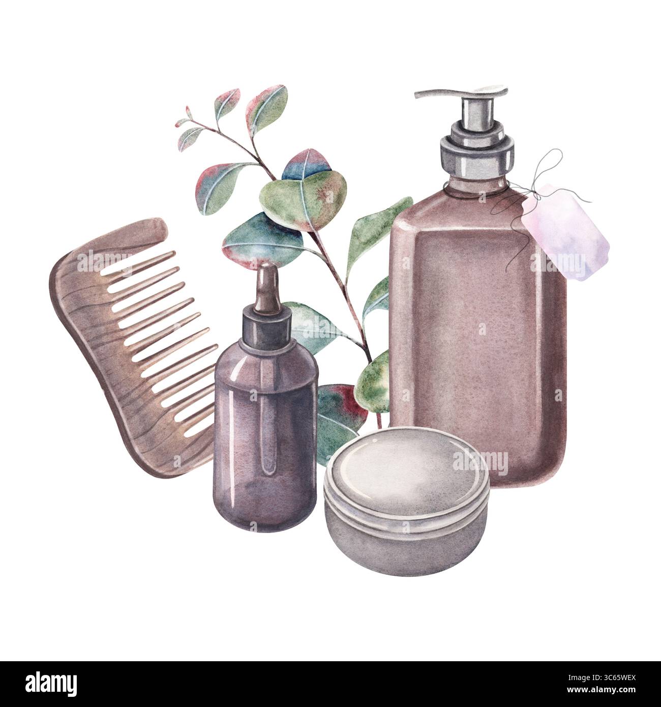 Peigne, bouteille d'huile, boîte, distributeur de savon avec étiquette et branche d'eucalyptus. Articles de soins capillaires dessinés à la main isolés sur fond blanc. Parfait pour les cosmétiques Banque D'Images