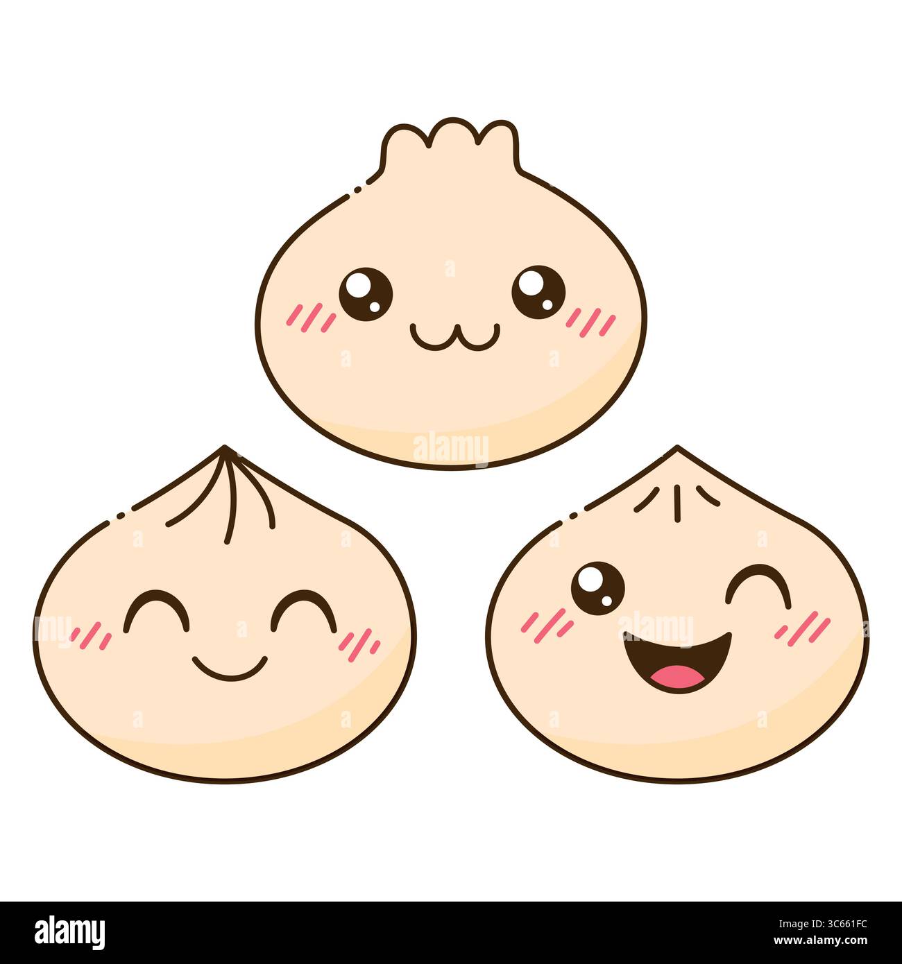 Mignon Happy Dim Sum Set. Personnage souriant de Cartoon Bao. Boulettes chinoises traditionnelles aux visages drôles Illustration de Vecteur
