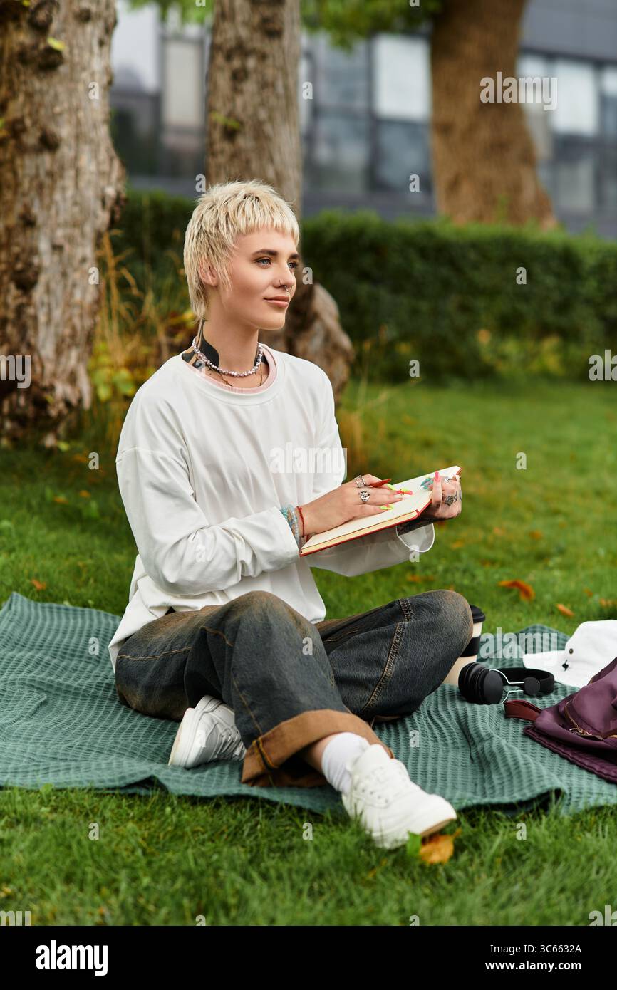 Femme lumineuse et ambitieuse capture l'inspiration tout en se relaxant sur une couverture dans le parc. Banque D'Images
